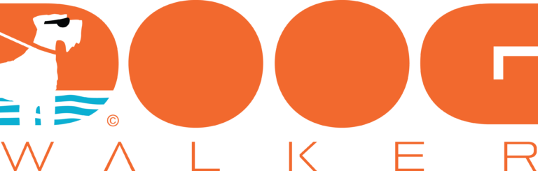 Modern minimalist full-width logo for The Doog Walker featuring orange circular graphics, coastal-inspired dog illustration, and clean typography representing structured group dog walks in Marin County California