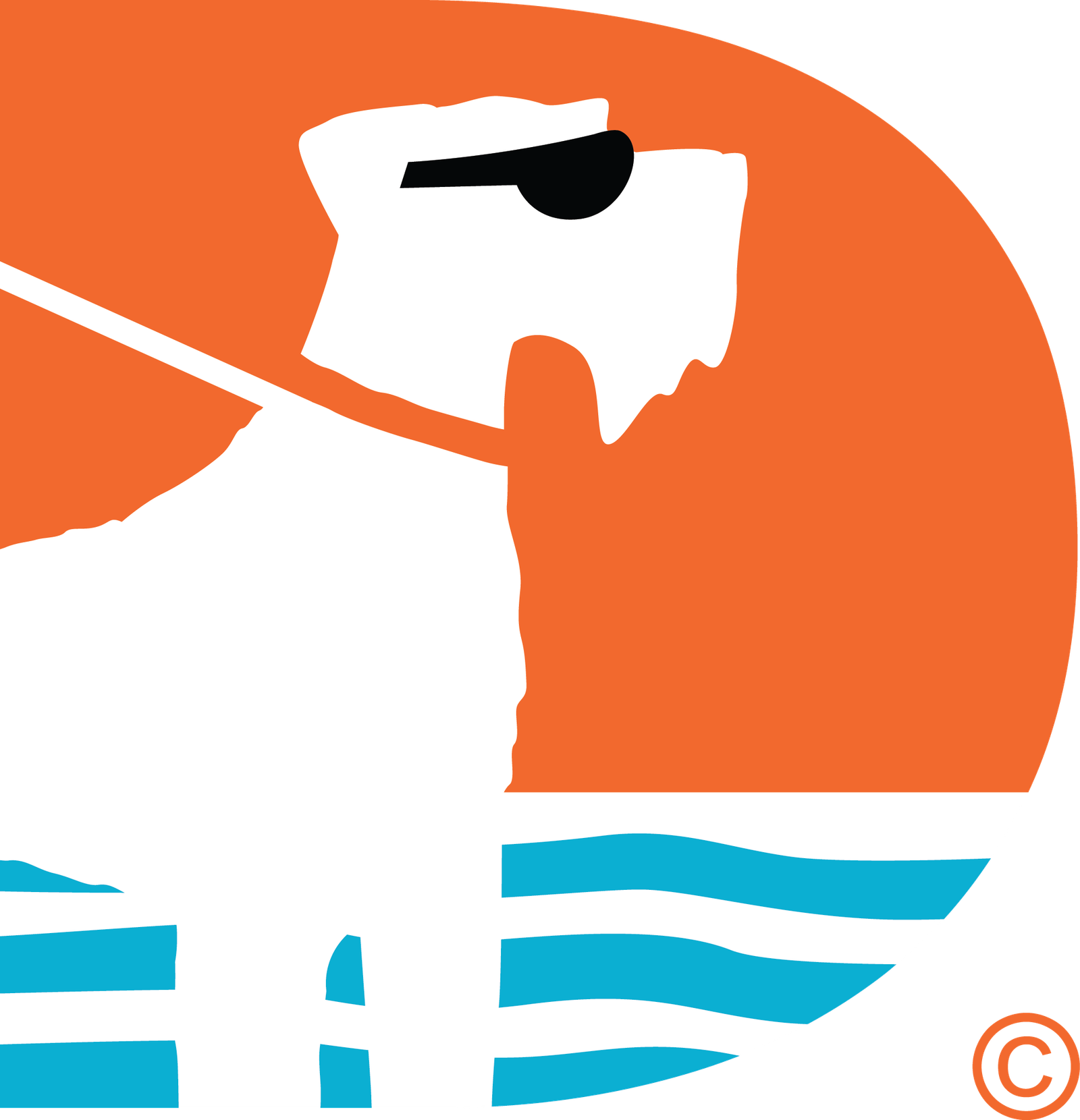 Minimalist illustration of a white Giant Schnauzer dog wearing sunglasses beside blue water with an orange sunset background for The Doog Walker logo icon.